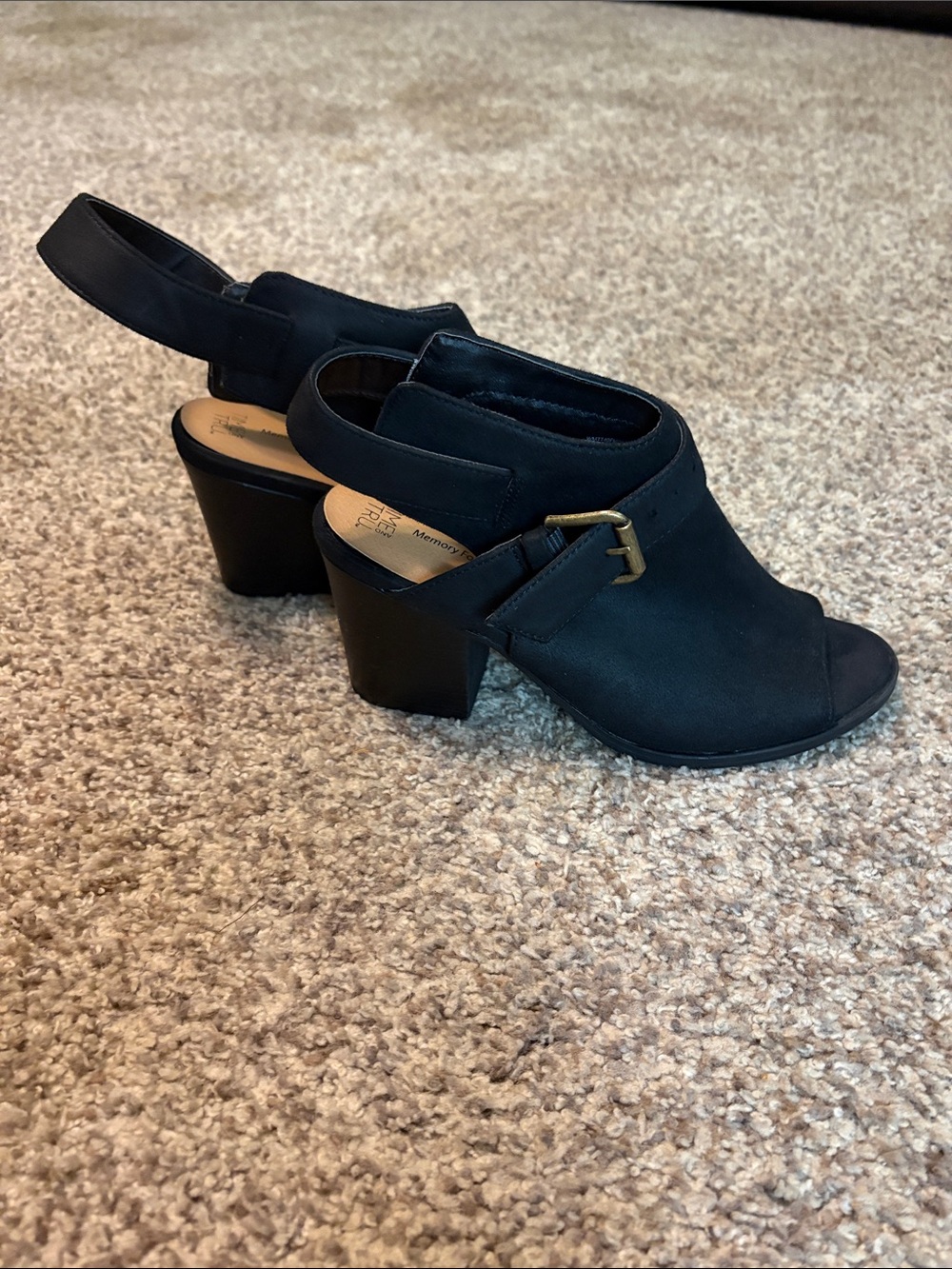 Time and Tru Black Peep-Toe Slingback Block Heel Wedges